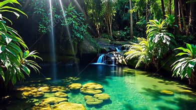 Lush green jungle waterfall, vibrant nature and peaceful scenery stock footage Generative AI