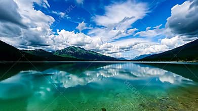Mountain lake with clear reflection, alpine landscape and nature stock footage Generative AI