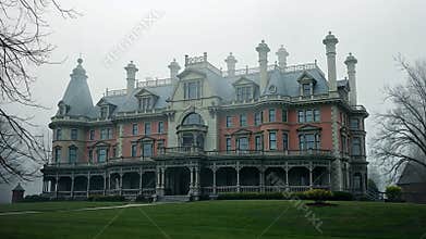 Old mansion in fog, haunted house and gothic architecture stock footage Generative AI