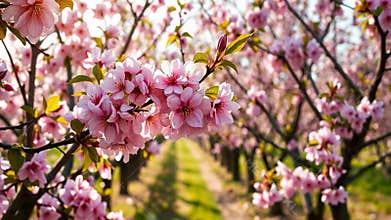 Cherry blossom tree in spring, pink flowers and floral season stock footage Generative AI