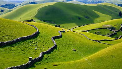 Green hills landscape, rolling meadows and countryside scenery stock footage Generative AI