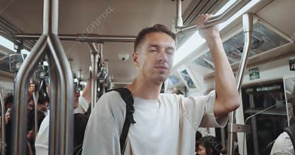 Urban traveler on subway recording journey, vlogger highlighting authentic city experience, vlogger capturing everyday