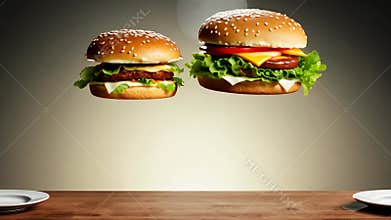 Two burgers hover on the table background. Fresh burgers
