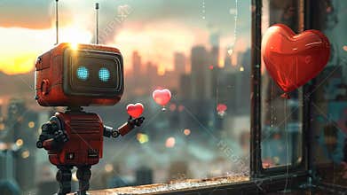 A robot holding a heart in front of a window