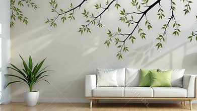 A white couch sits in front of a wall with a tree branch design