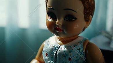 A doll is sitting on a table with its hand on its face