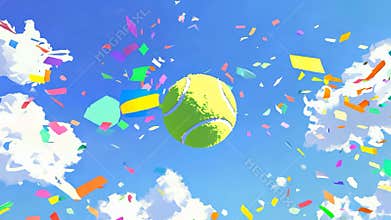 A tennis ball is flying through the air with confetti falling around it