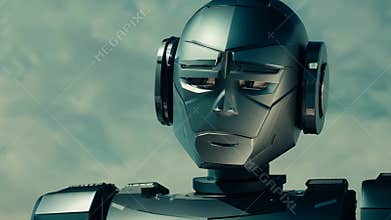 A robot with a sad face and headphones on