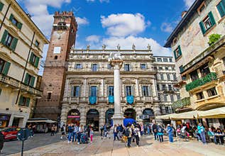 Piazza delle Erbe square with Palazzo Maffei in Verona, Italy