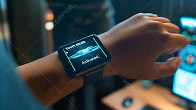 A hand displays a smartwatch indicating that youth mode has been activated in a lab setting