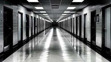 A long hallway with many doors and a light shining down on it