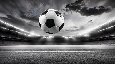 A soccer ball is in the air above a field
