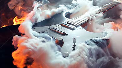 A black electric guitar with white fretboard