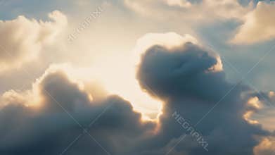 The sky is filled with clouds and the sun is shining through them