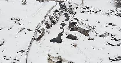 Aerial of rapids in winter.