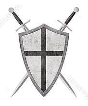 metal shield with black cross and two swords isolated on white