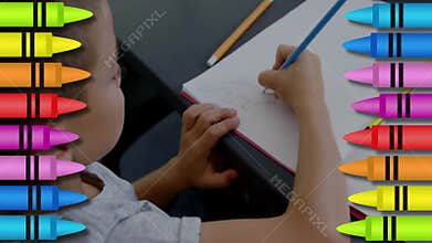 Child drawing with blue pencil, surrounded by colorful crayon animation