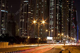 City street and skyline at dusk