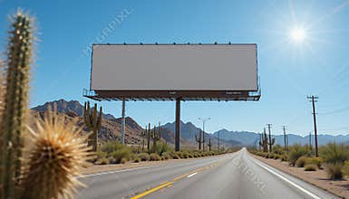 Blank Billboard on Desert Highway Under Bright Sunny Sky