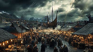 A Stormy Market Scene Featuring a Viking Ship Under Dramatic Skies