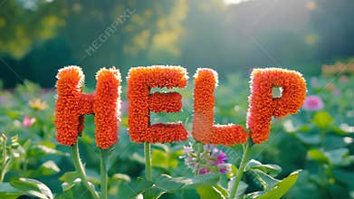 The word HELP is written in orange letters on a field of flowers