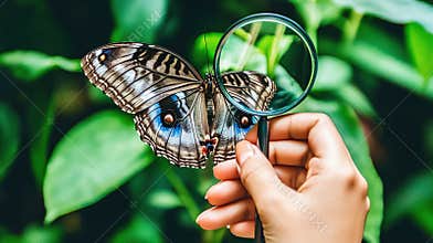 Examining Blue Morpho Butterfly with Magnifying Glass in Lush Garden