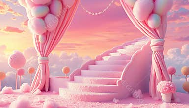 Pink Stairway to a Dreamy Cloudscape: A Whimsical 3D Render
