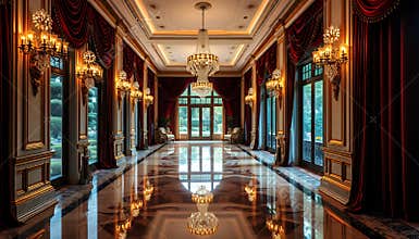 Grand Opulent Hallway with Marble Floor and Crystal Chandelier