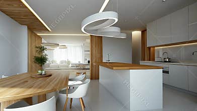 Bright and airy white kitchen interior with island, dining wood spacious and large windows, creating a welcoming and