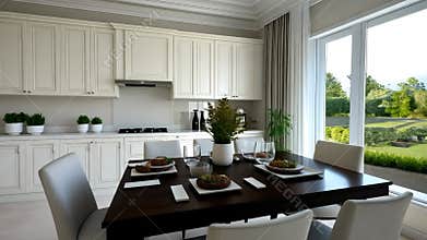 Bright and airy white kitchen interior with island, dining table, and large windows, creating a welcoming and spacious