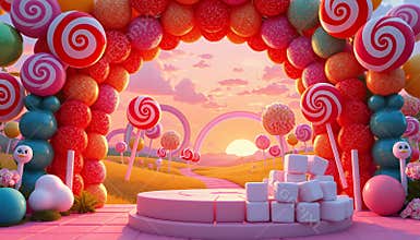 Whimsical Candy Landscape with Lollipop Arch and Sunset