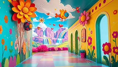 Whimsical Pixel Art Hallway with Paper Flowers and Rainbow Waterfall