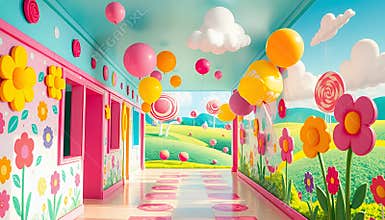 Whimsical 3D Rendered Hallway with Colorful Balloons and Candy Landscape