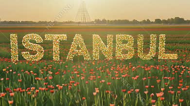 A field of red flowers with the word Istanbul written in the middle