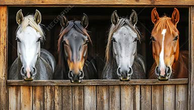 Multiple diverse horses looking out from a stable. Concept of equestrian, animals, stables, ranch life, farm