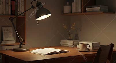 Studying at Wooden Desk with Open Book Under Desk Lamp Light