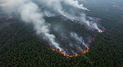 Forest Fire Burning with Smoke Aerial View Destruction and Environmental Damage