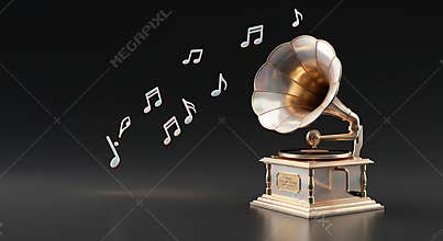 Vintage Gramophone with Floating Musical Notes on a Dark Background