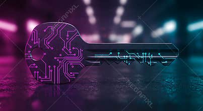 Cybersecurity Key with Circuit Board Design and Neon Lighting on Dark Background