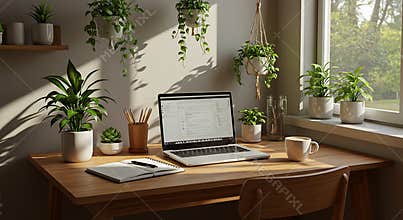 Working at Home with Laptop and Plants on Wooden Desk