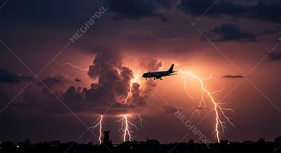 Airplane Flying Through Lightning Storm Over Cityscape at Night Time