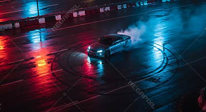 Car Drifting on Wet City Road at Night with Colorful Reflections