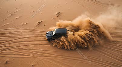 Driving an Suv Across the Desert Creating a Dust Cloud Aerial View