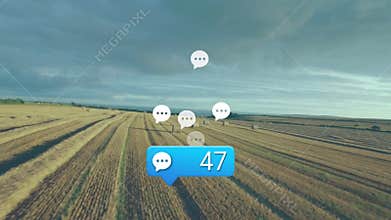 Blue comment bubble showing 47 floating above golden field rows with hay bales and white icons