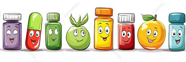 Colorful Cartoon Vitamins With Smiling Faces and Labels on a Clean White Background for a Cheerful Health Theme