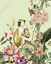 Monkey Mother and Baby, Tropical Flowers, Bird, Botanical on Light Green