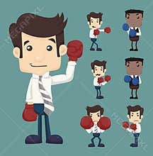 Set of businessman fight with boxing gloves characters poses