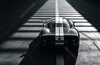 Dark sports car on indoor racetrack, low angle view, prominent stripe, overhead grid of windows, dramatic shadows, contrasting