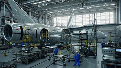 Aircraft assembly hangar with workers in blue uniforms constructing a large commercial airplane, surrounded by