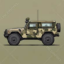 Camouflage jeep with a dog in the back